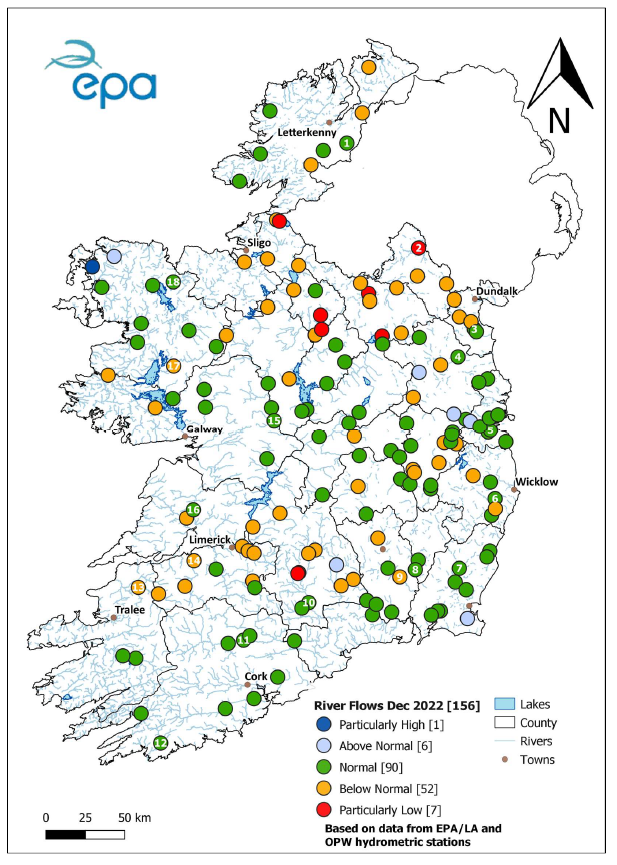 A map of Ireland showing river flows for December 2022. Most dots are green an yellow, meaning flows are normal or below normal , there are a small number of red dots for low flows