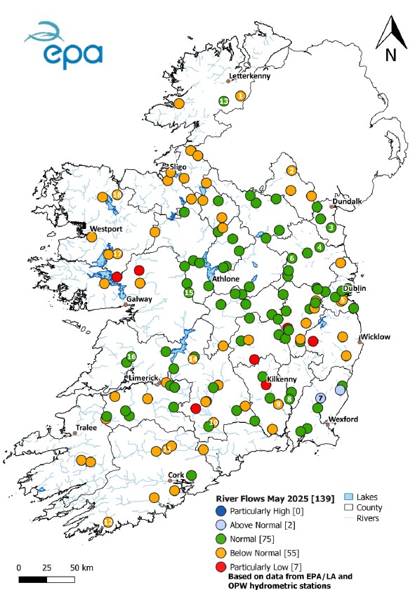 Monthly average river flows for May 2025 relative to historic monthly average flows expressed as percentile of the longterm values of monthly flow.